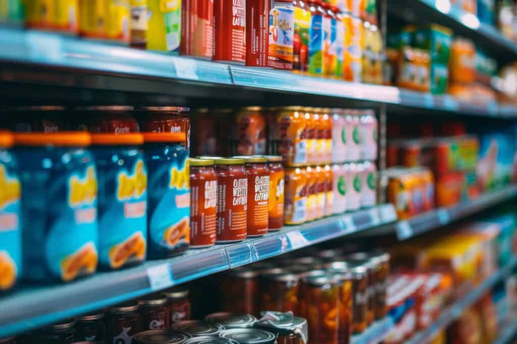 Canned fruits and juices on shelves in a supermarket